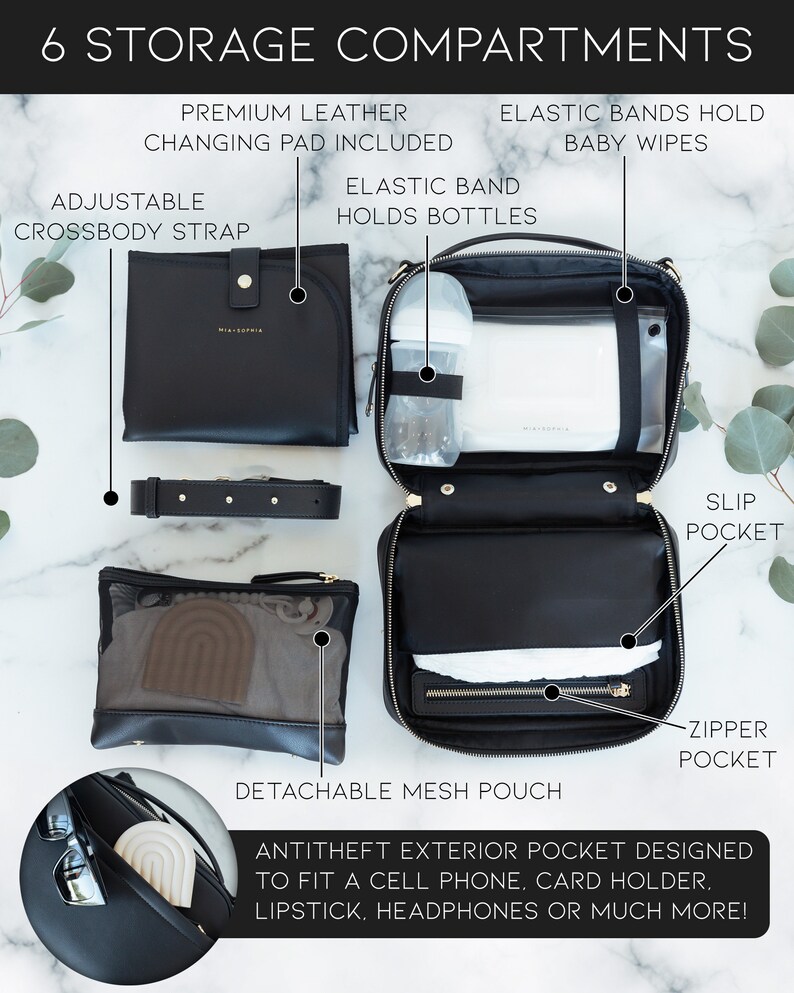 May include: Black diaper bag with six storage compartments. The bag has a detachable mesh pouch, a slip pocket, a zipper pocket, and elastic bands to hold baby wipes and bottles. The bag also has an antitheft exterior pocket designed to fit a cell phone, card holder, lipstick, headphones, or much more.