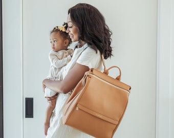 Mia + Sophia Leather Diaper Bag Backpack with USB Charging Port, Changing Pad, Stroller Straps, and Insulated Bottle Holder