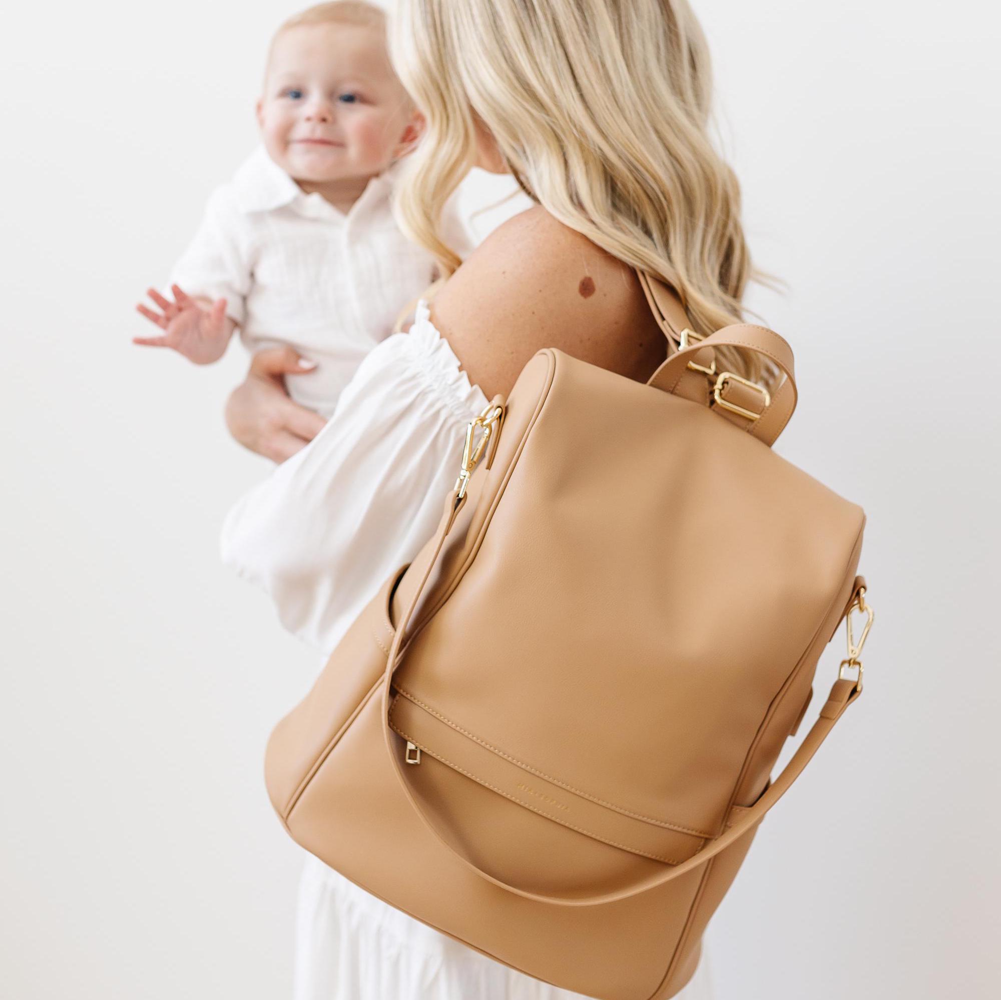 Brown Leather Diaper Bag Backpack: USB Charging Port, Changing Pad and Insulated Bottle Holder