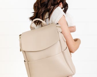 Beige Vegan Leather Diaper Bag Backpack: Multifunctional Laptop Bag with USB Charging Port