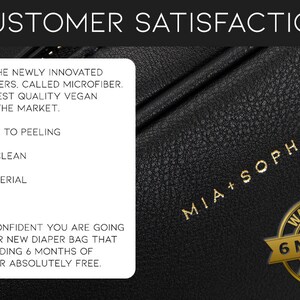May include: Black vegan leather diaper bag with gold lettering that reads "MIA + SOPHIA". The bag has a 6-month warranty. The text on the left side of the image describes the bag's features: resistant to peeling, easy to clean, anti-bacterial, and durable.