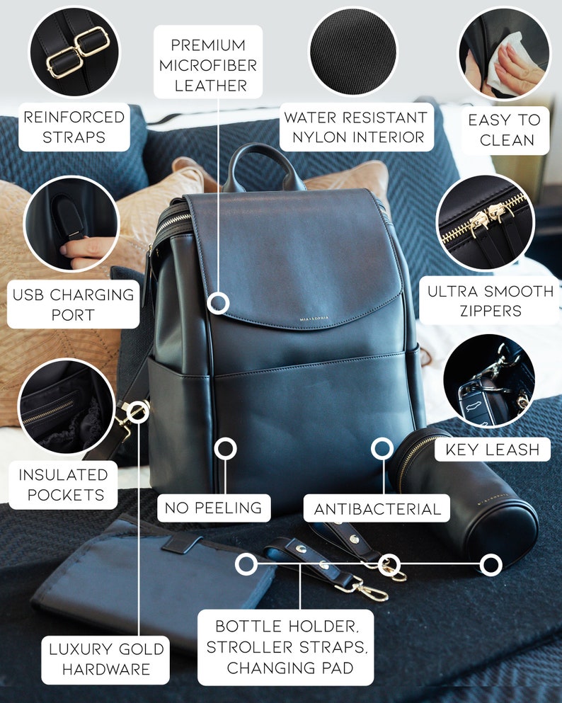 May include: Black diaper bag with gold hardware, featuring multiple pockets, a water-resistant nylon interior, and a key leash. The bag is made of premium microfiber leather and has reinforced straps, insulated pockets, and ultra-smooth zippers.