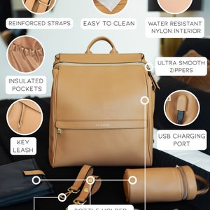 Mia Sophia Leather Diaper Bag Backpack with USB Charging Port, Changing Pad, Stroller Straps, and Insulated Bottle Holder image 3