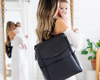 Convertible Multifunctional Large Black Premium Vegan Leather Diaper Bag Backpack, Laptop Backpack, Includes Accessories(FREE US SHIPPING)