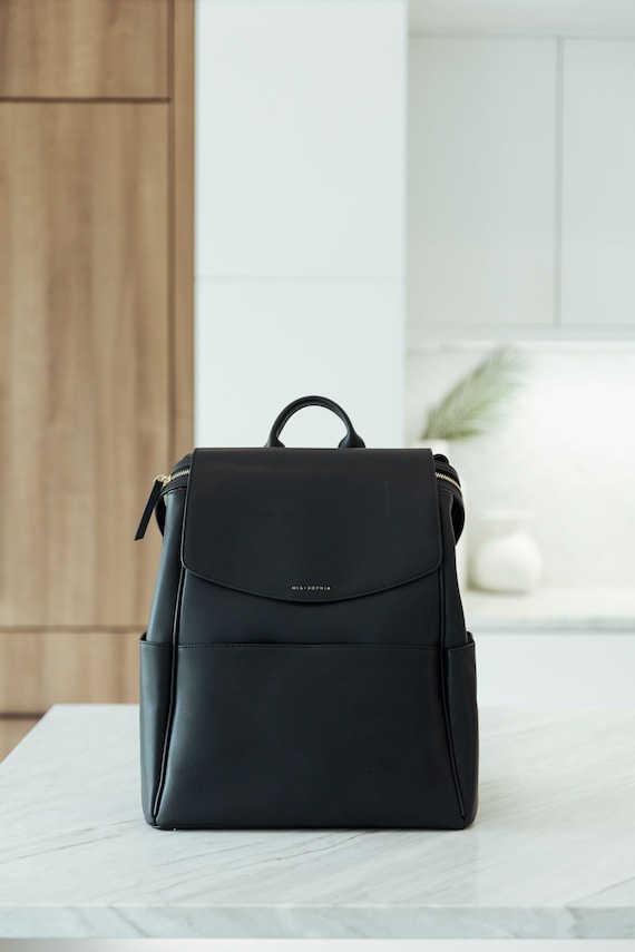Large Black Leather Diaper Bag Backpack with Accessories