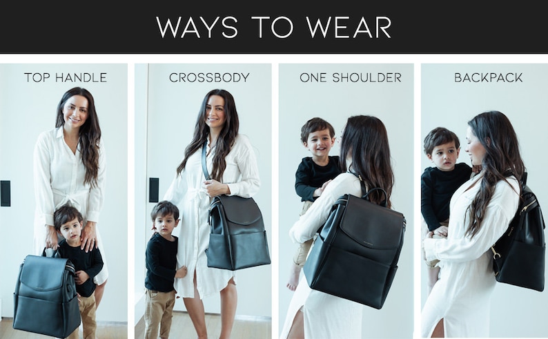 May include: A black leather diaper bag with multiple carrying options, including top handle, crossbody, one shoulder, and backpack. The bag is shown being worn by a person in each style.