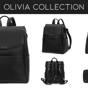 May include: Black leather backpack with gold hardware. The backpack has a flap closure, a large front pocket, and adjustable straps. The backpack is shown in multiple views, including front, side, and back.