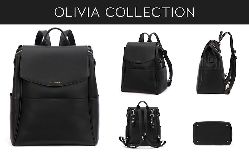 May include: Black leather backpack with gold hardware. The backpack has a flap closure, a large front pocket, and adjustable straps. The backpack is shown in multiple views, including front, side, and back.