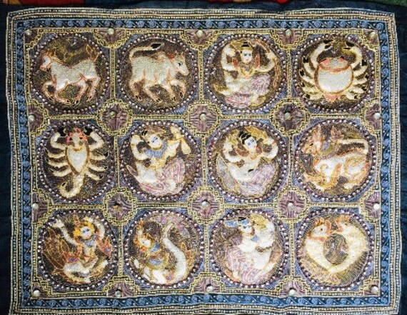 Tapisserie Kalaga - Accrochage Mural Thaïlandais avec Signes Du Zodiaque Vintage Horoscope Astrologi