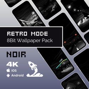 Könnte beinhalten: Eine Sammlung von 8-Bit-Telefontapeten in Schwarzweiß. Die Tapeten zeigen Szenen wie eine Eisenbahnstrecke, eine Straße bei Nacht und ein Auto, das durch einen Tunnel fährt. Der Text "RETRO MODE 8Bit Wallpaper Pack" wird in einem schwarzen Kasten oben im Bild angezeigt. Der Text "NOIR 4K" wird in einem weißen Kasten unten im Bild angezeigt. Der Text "ios" und "Android" wird unter dem Text "4K" angezeigt.