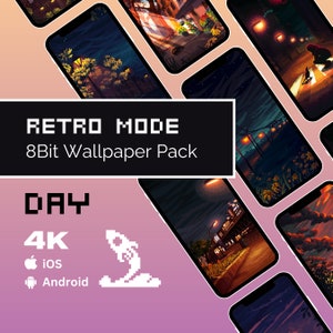 Könnte beinhalten: Eine Sammlung von 8-Bit-Telefontapeten mit nächtlichen Stadtlandschaften. Der Text "Retro Mode 8Bit Wallpaper Pack" wird in einem schwarzen Kasten angezeigt. Der Text "Day" wird in einem weißen Kasten angezeigt. Der Text "4K" wird in einem weißen Kasten angezeigt. Der Text "iOS" wird in einem weißen Kasten mit einem Apple-Logo angezeigt. Der Text "Android" wird in einem weißen Kasten mit einem Android-Logo angezeigt. Ein Raketen-Symbol wird in Weiß angezeigt.