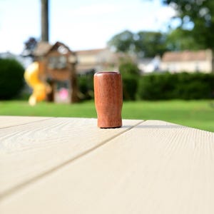 May include: A small, cylindrical wooden object with a smooth, polished reddish-brown finish and visible natural wood grain patterns. The object features a flat top and a slightly tapered base, standing upright with a solid, uniform appearance.