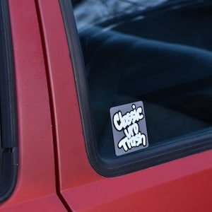 Classic uro trash white letters black outline grey background 3&quot;×3&quot;