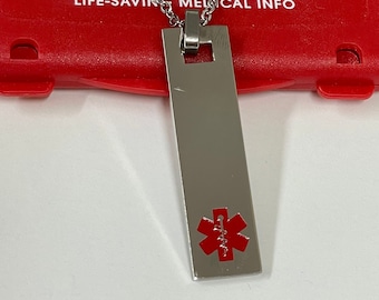 Free Engraving Included-Stainless Steel Dog Tag Medical ID Necklace with Red Medical Logo.
