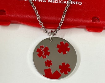 Free Engraving Included-Stainless Round Medical ID Necklace with Multiple Red Medical Logos.  Rolo Chain Included.