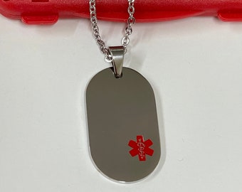 Oval Stainless Steel Medical ID Dog Tag Necklace with Red Medical Logo.  Free Engraving Included