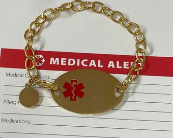 Free Engraving Included- Yellow Gold Plated Stainless Steel OVAL Medical ID Bracelet with Red Medical Logo.