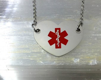 Free Engraving Included-Heart medical ID Necklace with Red Medical Logo.