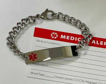 Medical ID Bracelet with Curb Chain. Free Engraving Included on the front and back. Lobster Clasp Closure.