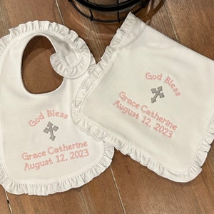 Personalized Bib, Burp cloth set for Baptism, Christening, Dedication, baby, infant, children, customized, embroidered image 3