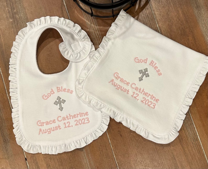 Personalized Bib, Burp cloth set for Baptism, Christening, Dedication, baby, infant, children, customized, embroidered image 3