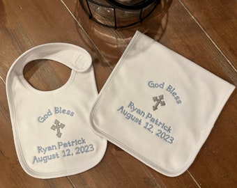 Personalized Bib, Burp cloth set for Baptism, Christening, Dedication, baby, infant, children, customized, embroidered