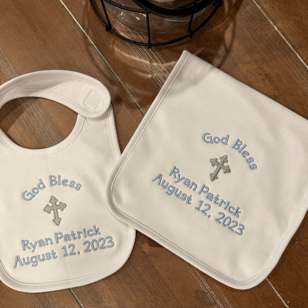 Personalized Bib, Burp cloth set for Baptism, Christening, Dedication, baby, infant, children, customized, embroidered