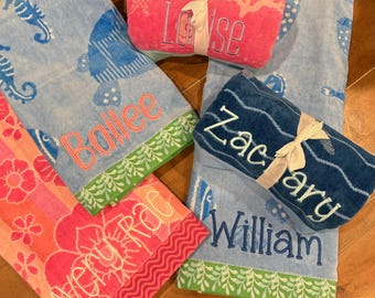 Personalized Kids Beach Towel: Embroidered Cotton Velour, Dino Turtle Shark