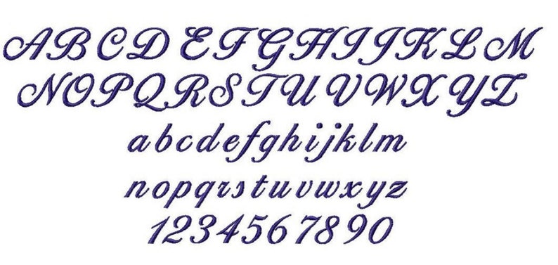 May include: A full cursive alphabet and number set in dark blue. Uppercase and lowercase letters are shown, along with the numbers 1 to 0. The font is elegant and flowing, suitable for various design projects.