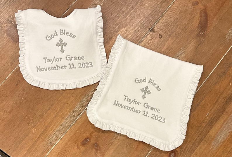 Personalized Bib, Burp cloth set for Baptism, Christening, Dedication, baby, infant, children, customized, embroidered image 2