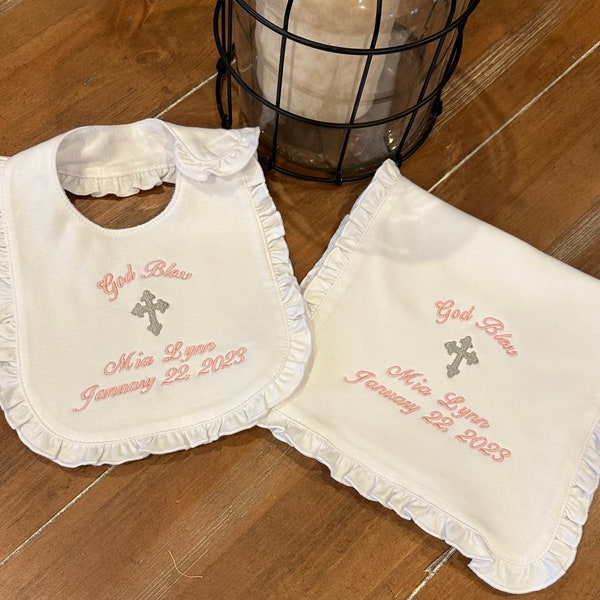 Bib, Burp cloth set for Baptism, Christening, Dedication, baby, infant, children, customized, personalized