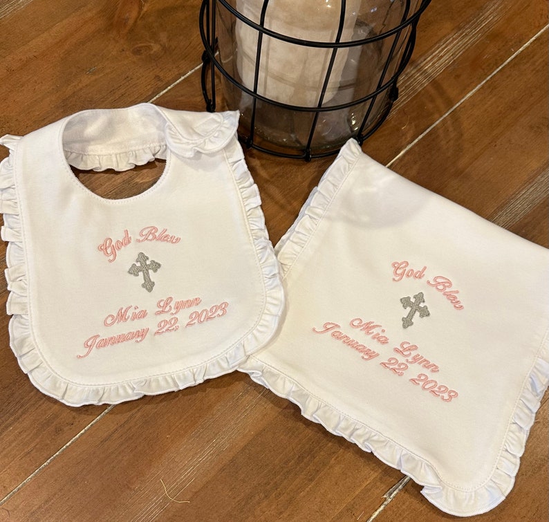 Bib, Burp cloth set for Baptism, Christening, Dedication, baby, infant, children, customized, personalized image 1