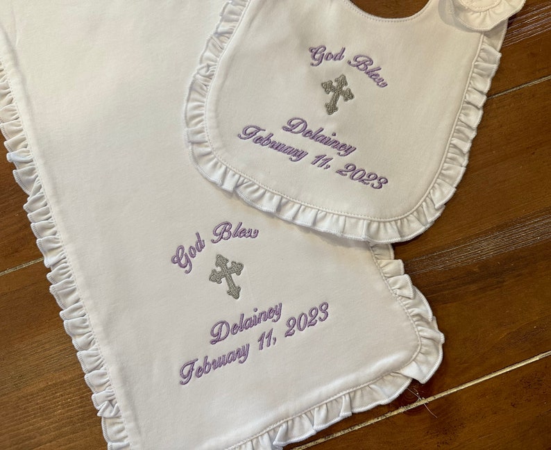 Bib, Burp cloth set for Baptism, Christening, Dedication, baby, infant, children, customized, personalized image 3