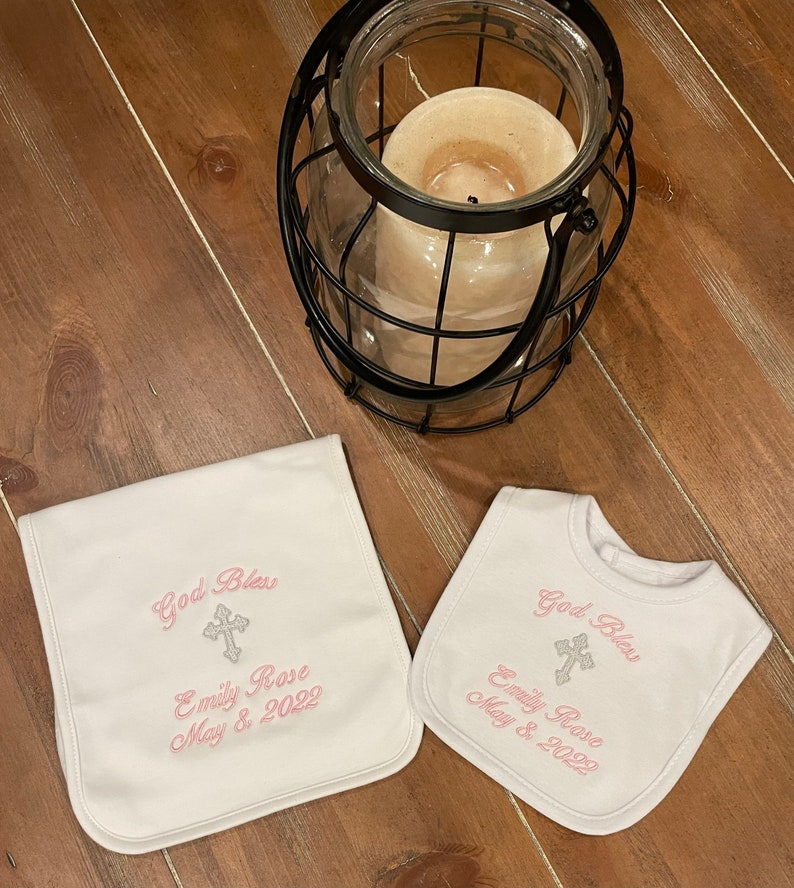 Bib, Burp cloth set for Baptism, Christening, Dedication, baby, infant, children, customized, personalized image 5