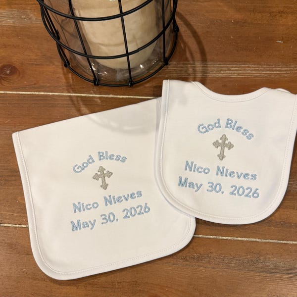 Personalized Bib, Burp cloth set for Baptism, Christening, Dedication, baby, infant, children, customized, embroidered