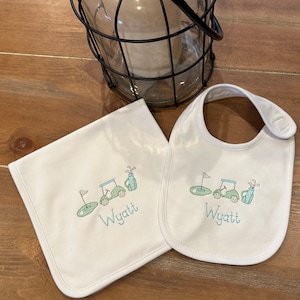 Golf Theme Baby Bib and Burp Cloth Set, personalized, embroidered