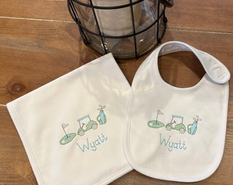 Golf Theme Baby Bib and Burp Cloth Set, personalized, embroidered