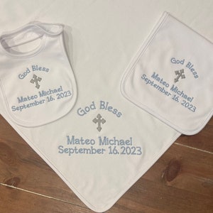 Personalized Bib, Burp cloth set for Baptism, Christening, Dedication, baby, infant, children, customized, embroidered image 5