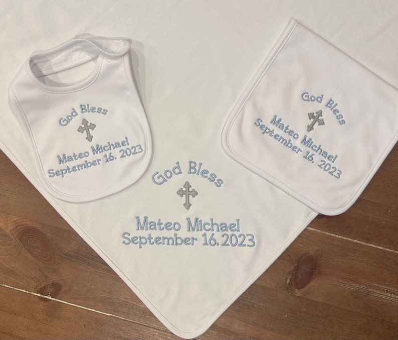 Personalized Bib, Burp cloth set for Baptism, Christening, Dedication, baby, infant, children, customized, embroidered image 5