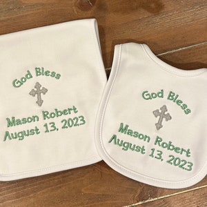 Personalized Bib, Burp cloth set for Baptism, Christening, Dedication, baby, infant, children, customized, embroidered image 7