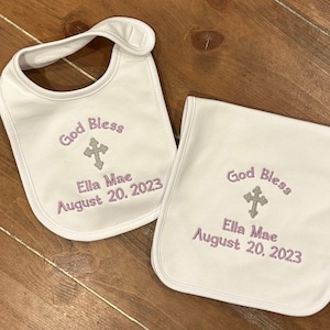 Personalized Bib, Burp cloth set for Baptism, Christening, Dedication, baby, infant, children, customized, embroidered image 6