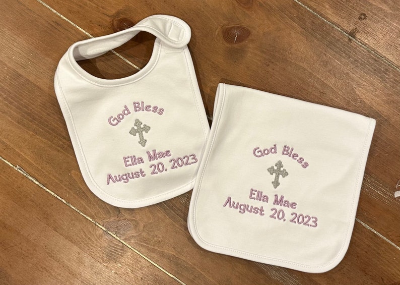 Personalized Bib, Burp cloth set for Baptism, Christening, Dedication, baby, infant, children, customized, embroidered image 6