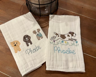 Puppy Dog Theme Personalized Burp Cloth Set of 2, embroidered, customized, Baby Shower Gift