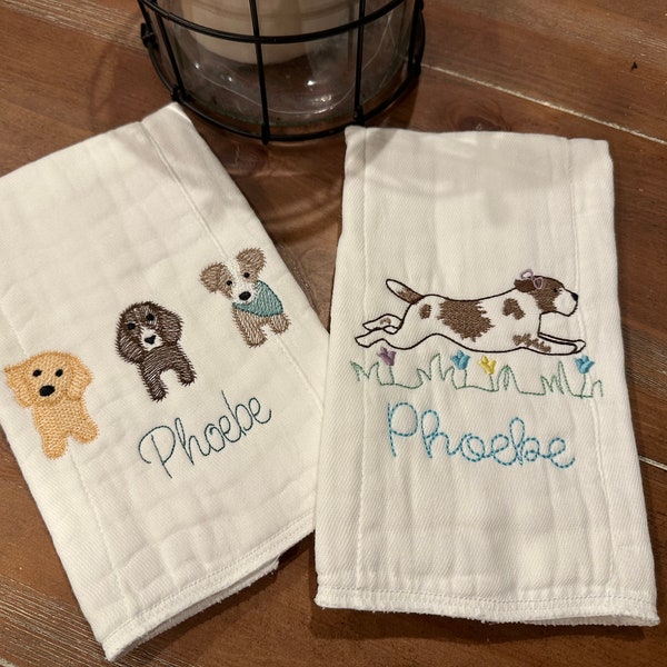 Puppy Dog Theme Personalized Burp Cloth Set of 2, embroidered, customized, Baby Shower Gift