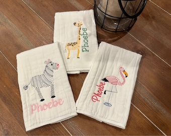 Jungle Animal Theme Personalized Burp Cloth Set of 2, embroidered, customized, Baby Shower Gift