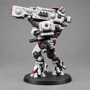 Könnte beinhalten: Eine weiß-rote zweibeinige Roboterfigur auf einem runden schwarzen Sockel. Der Roboter verfügt über eine große, auf der rechten Schulter montierte Kanone, mechanische Beingelenke und eine komplexe Panzerung mit roten Akzenten am gesamten Körper.