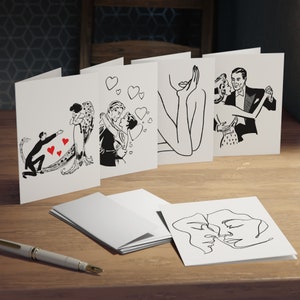 Romantische lijntekeningkaarten (5-pack) - Fine Art Vintage-geïnspireerde liefdesscènes, blanco binnenkant, multi-design wenskaarten stationair
