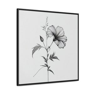 Flower Line Drawing Art Print | Gallery Canvas Wraps, Square Frame | Minimalist Black & White Botanical Flower Line Drawing, Botanical