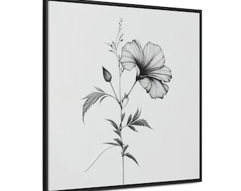 Blumen Strichzeichnung Kunstdruck | Galerie-Leinwand Wraps, Quadratischer Rahmen | Minimalistische schwarz-weiße botanische Blumen-Zeichnung, botanisch