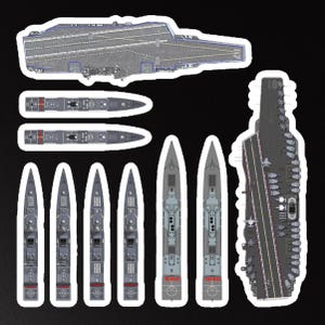 May include: A collection of sticker designs featuring various naval vessels, including aircraft carriers and destroyers. The stickers are primarily gray and white, with detailed illustrations of the ships' structures and layouts. The designs are set against a black background.